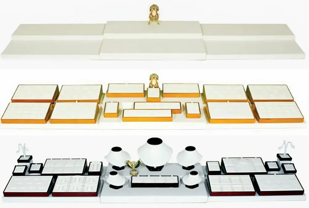 Three different sets of white and gold desk accessories.