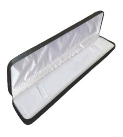 A white case with a black lining and a white cloth