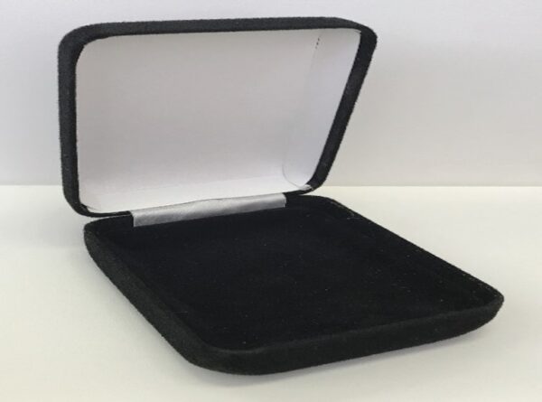 A black velvet box with a silver lid.