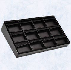 A black tray with 1 2 compartments in it.