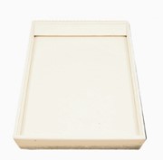 A white tray with a blank cover on top.