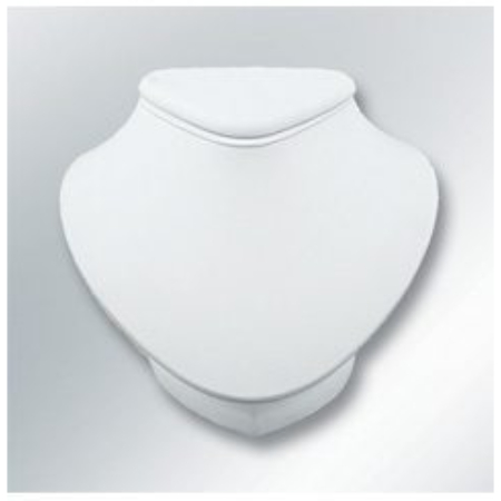 A white necklace holder is shown on a gray background.