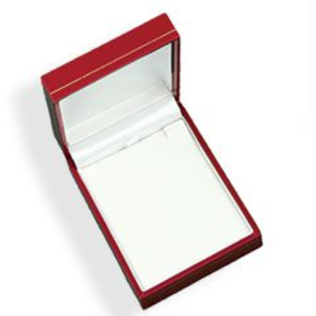 A red box with white lining and a necklace in it.