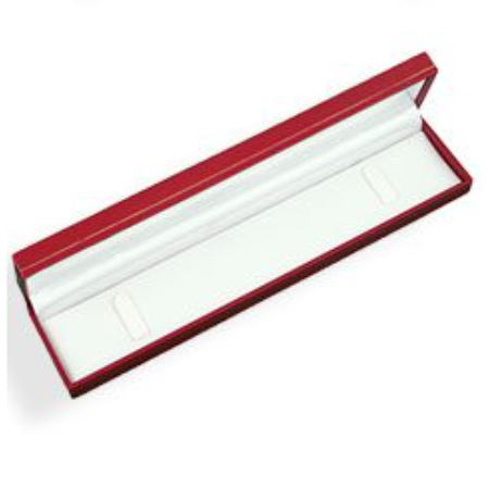 A red box with white lid and a white strip on the top.