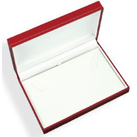 A red box with white lining and a necklace in it.