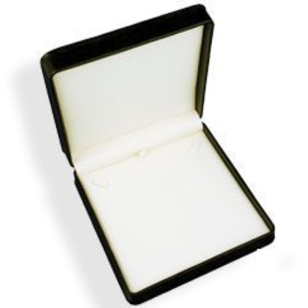 A black box with white lining and a gold clasp.