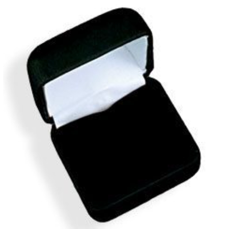 A black velvet box with a white lining.