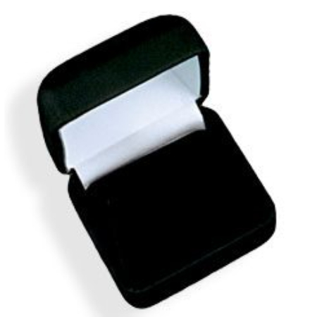 A black velvet box with a white lining.