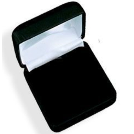 A black velvet box with white lining.