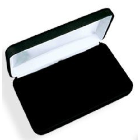 A black velvet box with white lining.