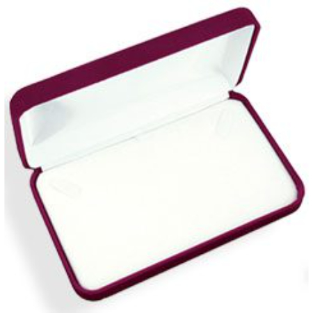 A red velvet box with white lining.