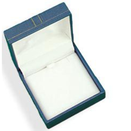 A blue box with white lining and gold trim.