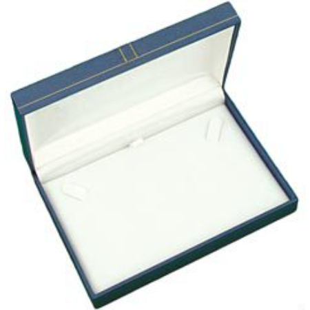 A blue box with white lining and gold trim.