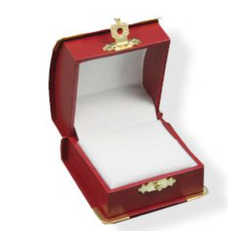 A red box with a gold trim and white paper