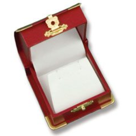 A red box with gold trim and white paper