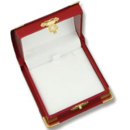 A red box with gold trim and white paper.