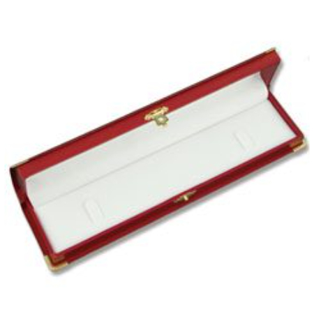 A red box with gold trim and white lining.