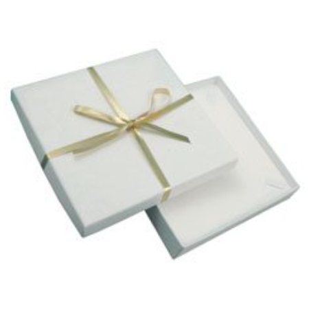 A white box with a gold ribbon and bow.