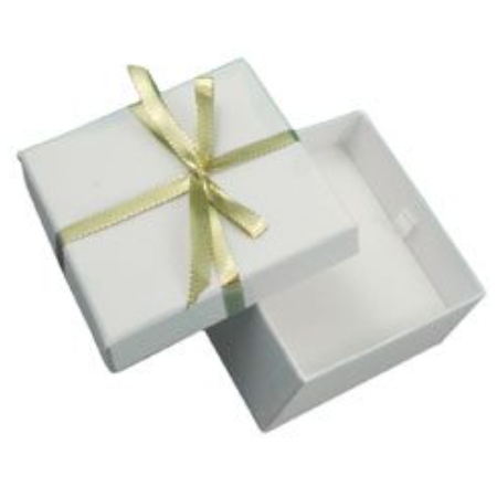 A white box with a yellow ribbon on top of it.