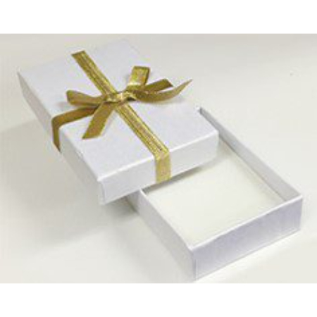 A white box with a gold ribbon and lid.