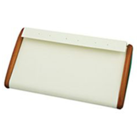 A white leather case with brown trim.