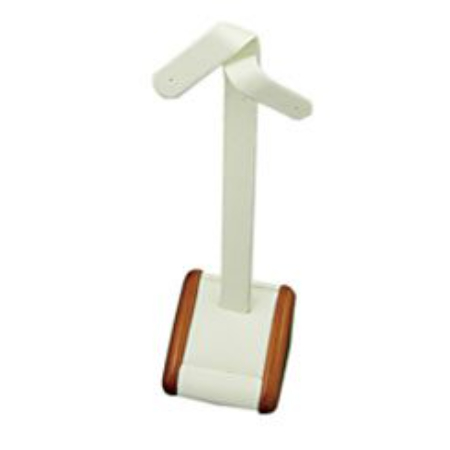 A white and brown wooden stand with a handle.