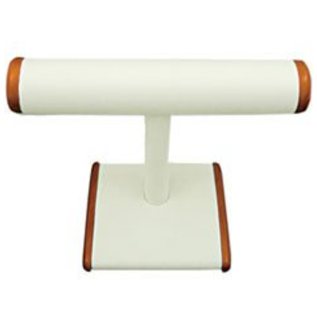 A white and brown bracelet stand is shown.