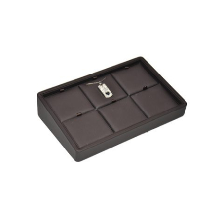 A black tray with eight compartments and a key.