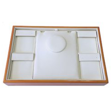 A white tray with eight compartments and a wooden frame.