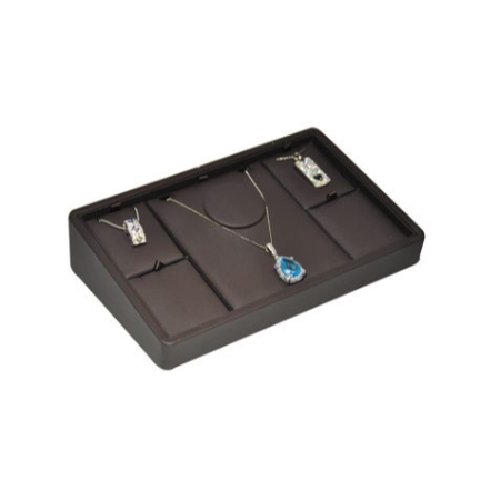 A black tray with several compartments for necklaces.