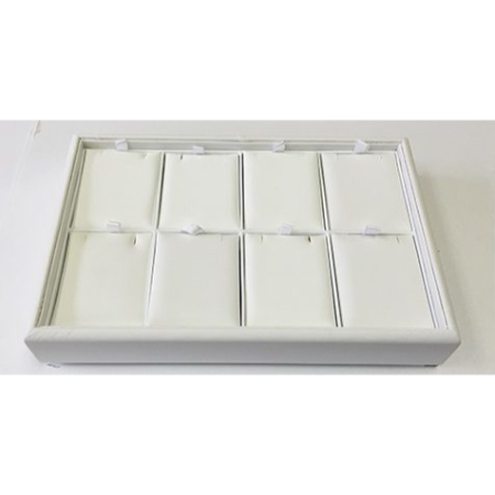 A white tray with eight cards in it.