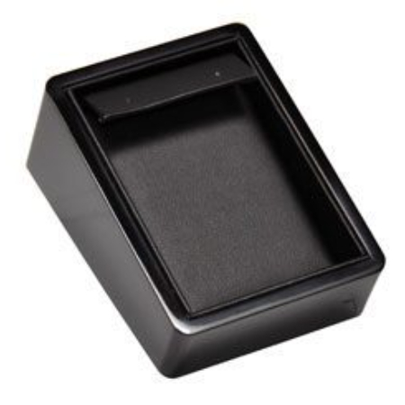 A black plastic box with a lid on top of it.