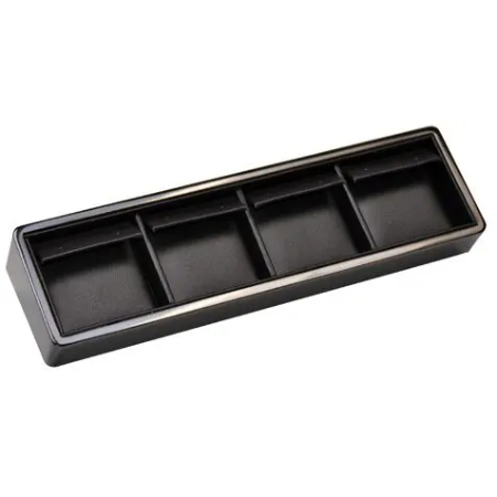 A black tray with four compartments in it.