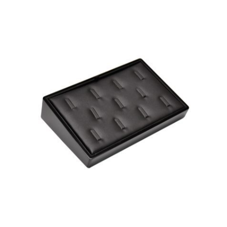 A black tray with ten compartments for jewelry.