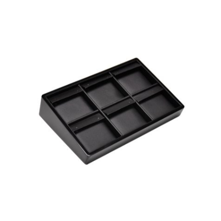 A black tray with six compartments on top of it.