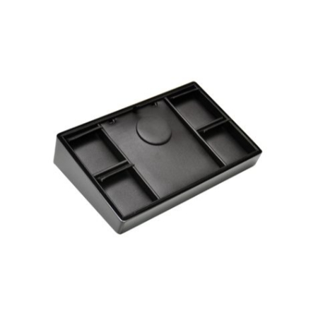 A black tray with six compartments on top of it.