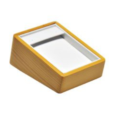 A yellow box with a white lid and a silver tray.