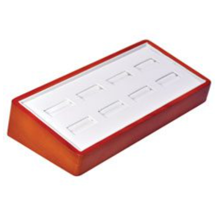 A red and white display case with ten small compartments.