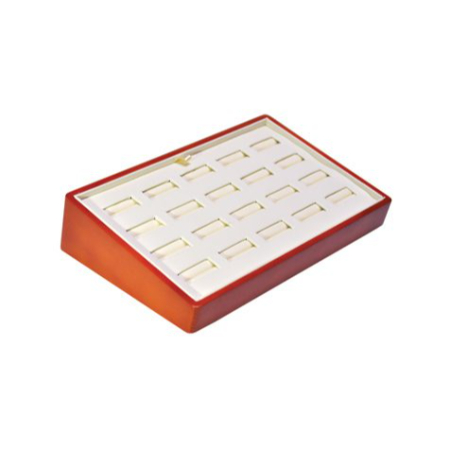 A red and white tray with 2 4 slot jewelry display.