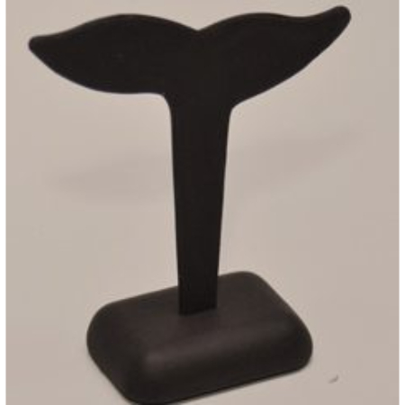 A black plastic stand with a whale 's tail on top.