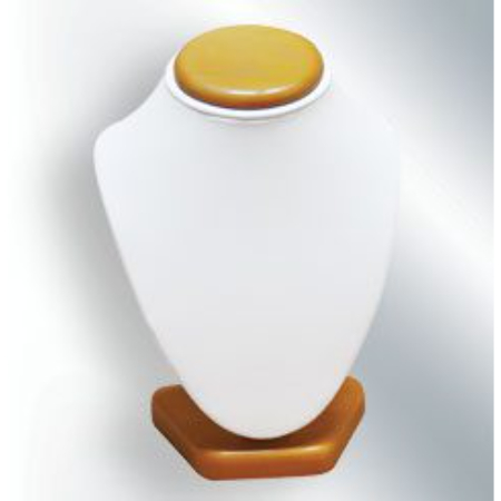 A white and yellow wooden stand with a white ceramic vase.