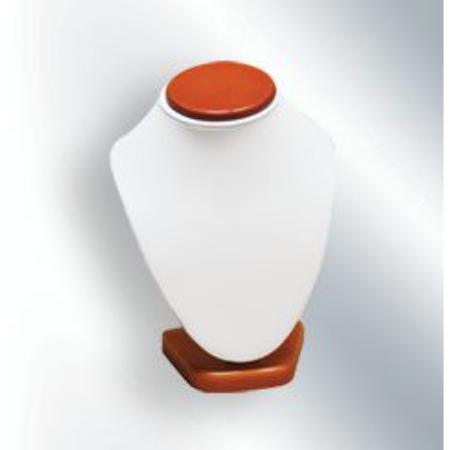 A white and orange necklace holder on top of a wooden stand.