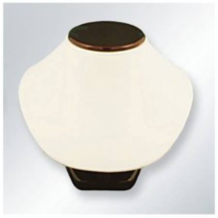 A white necklace holder with brown trim.