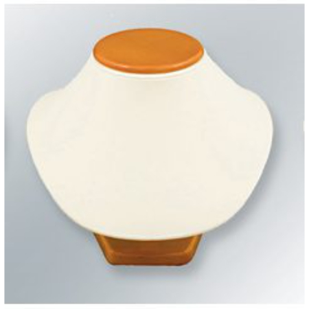 A white and orange ceramic vase with a wooden lid.