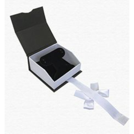 A black and white box with a bow