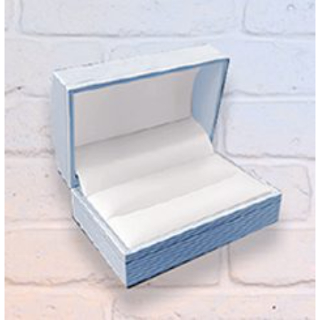 A blue and white box with a white cloth lining.