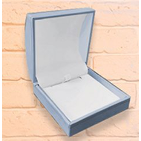 A blue box with a white lid and a silver ribbon.