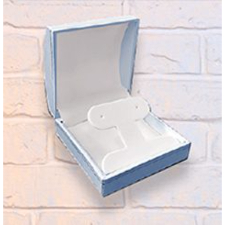 A white box with a pair of earrings in it.