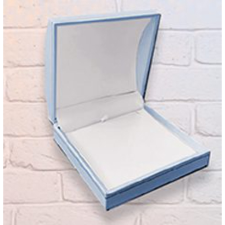 A blue box with a white lid and a note pad inside of it.