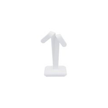 A white plastic stand with two arms and one arm.